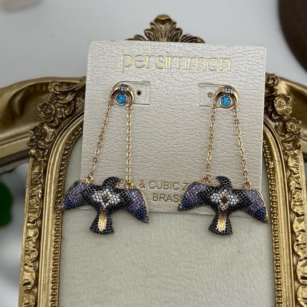 Persimmon Opal & Cubic Zirconia Bird Drop Earrings – Luxe Boho Statement - Picture 3 of 10